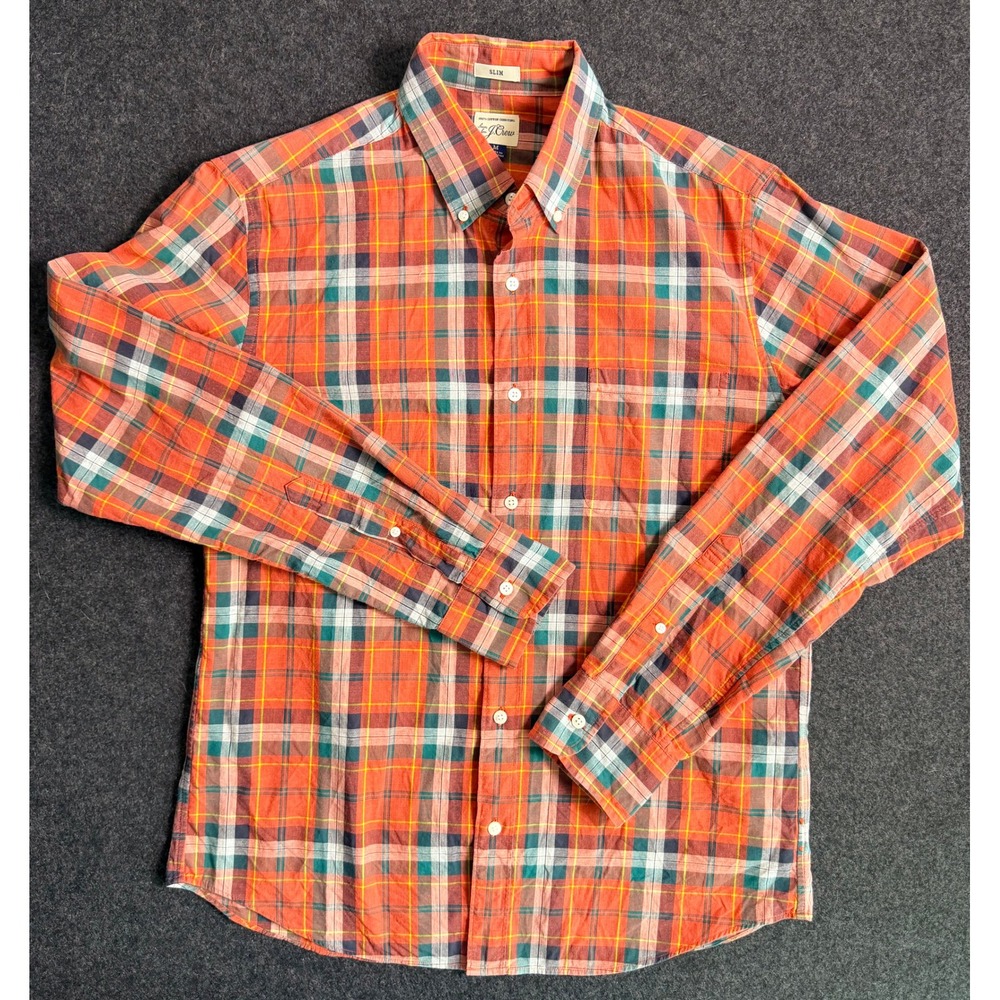 J.Crew Mens Medium Slim Fit Plaid Button Down Shirt Orange Green Cotton Preppy